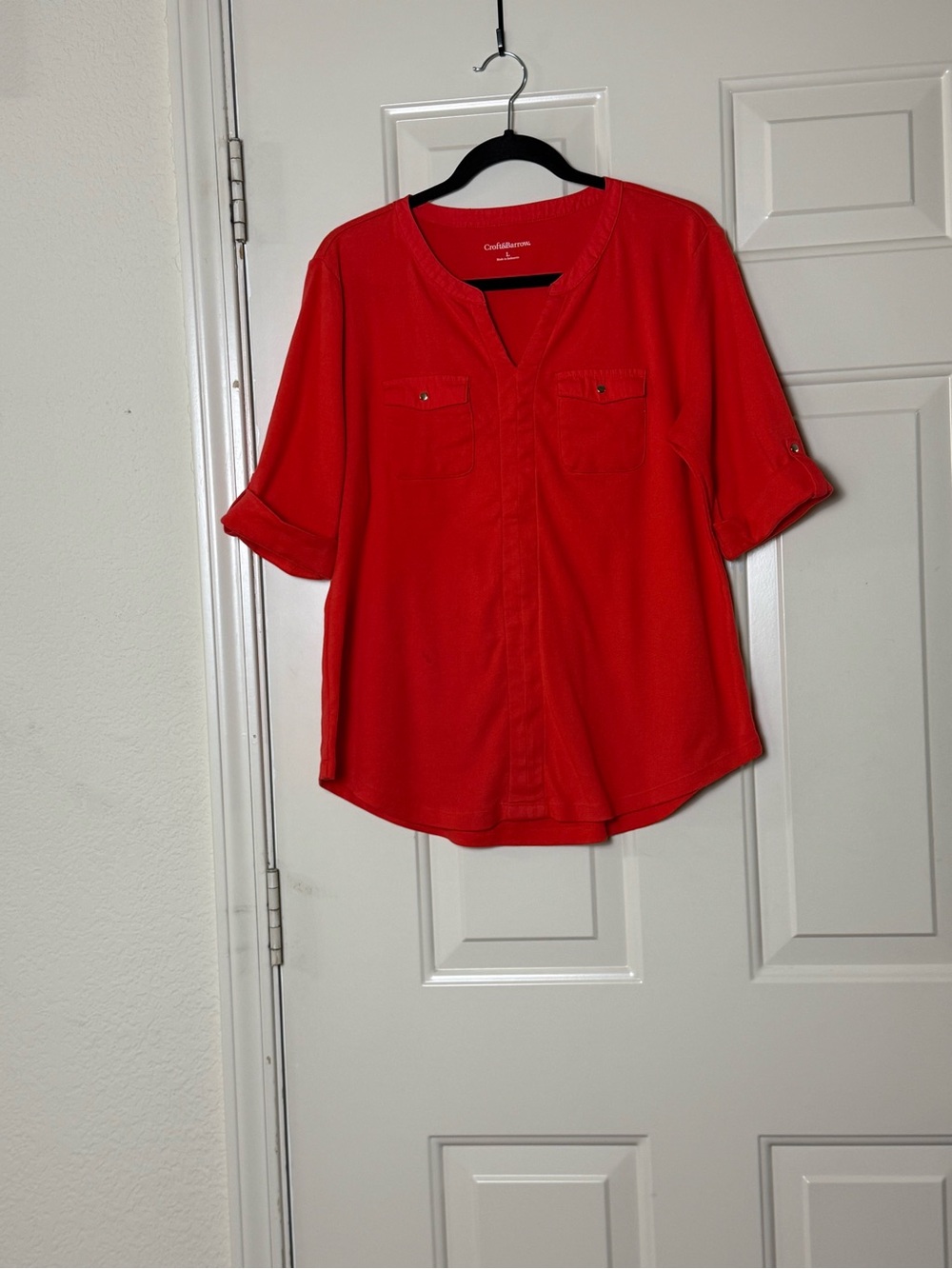 Women Croft & Barrow Orange Cotton V-Neckline Top Size L